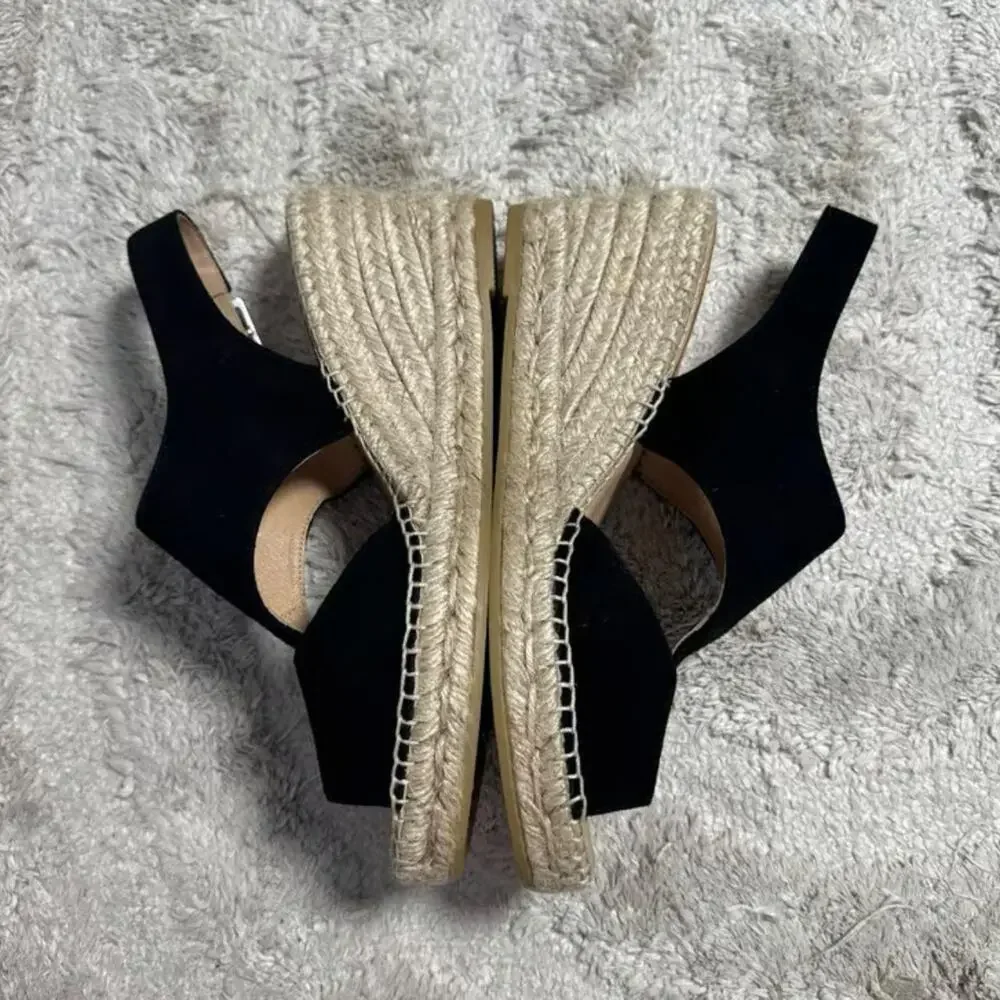Kanna Ania Ante Black Suede Espadrille Slingback Peep Toe Wedge Sandal Size 39